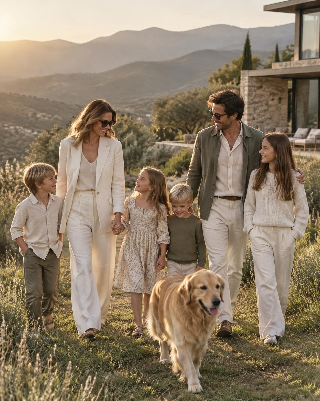 A working mother, her husband, four children and their dog walking home together at golden hour