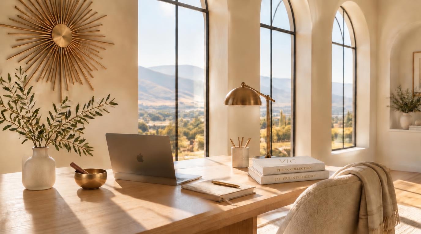A bright ivory studio with arched windows over the Idaho foothills, a brass sunburst, an oak desk, a brass sound bowl and two volumes, The VC Collection and Pattern Intelligence