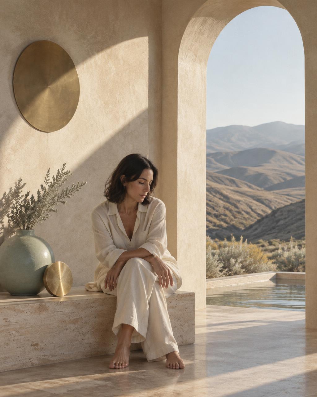 A woman in ivory linen resting on a travertine bench beneath a plaster arch overlooking the foothills