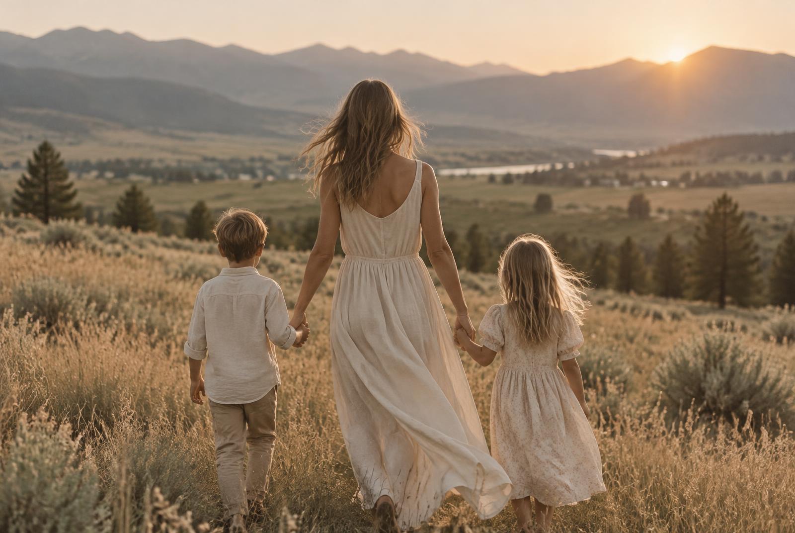 A mother in ivory linen walking with her two children through an Idaho meadow at sunset