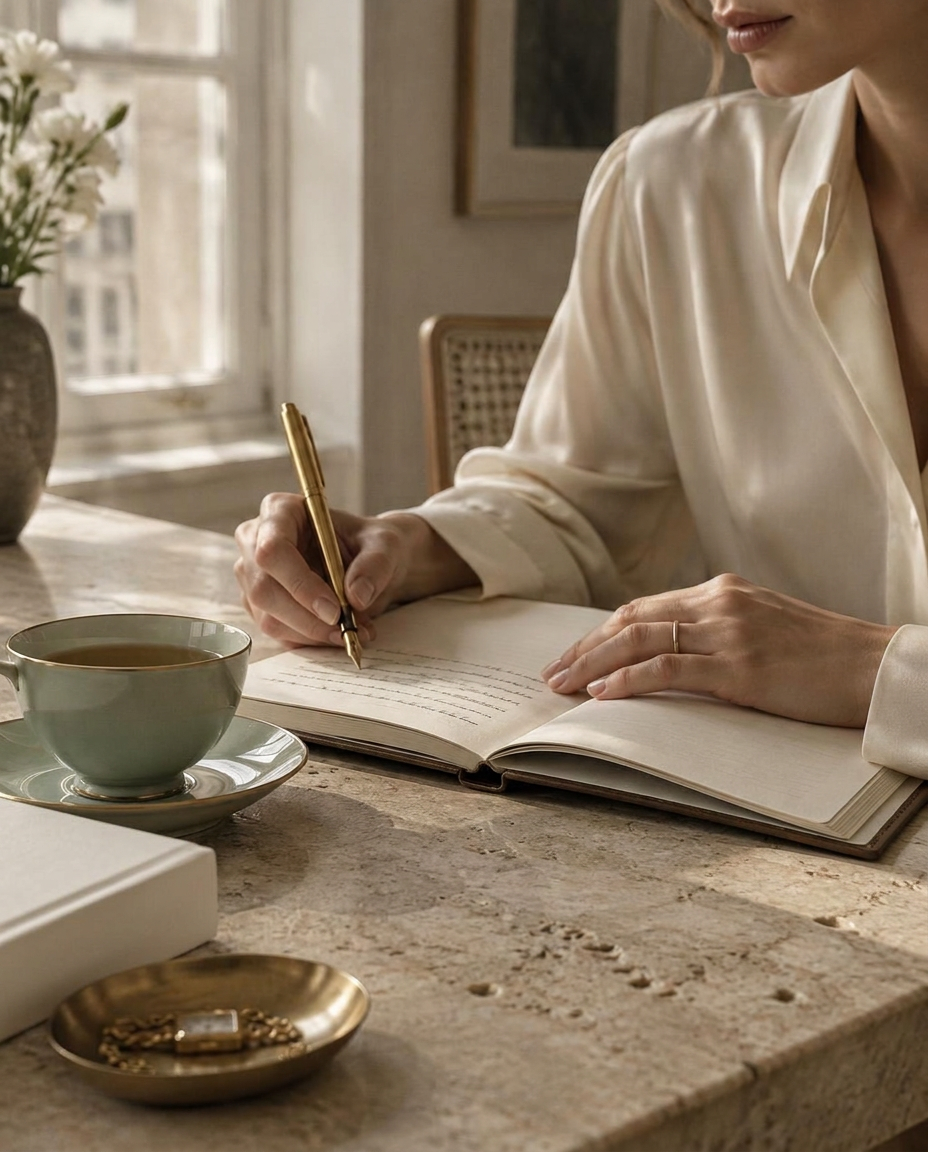 A woman writing in a cream leather journal beside a Venus Mint teacup